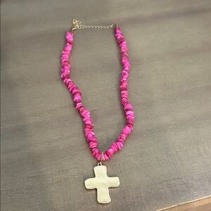 Park Lane Bright Pink Beaded Necklace with Gold Cross Pendant